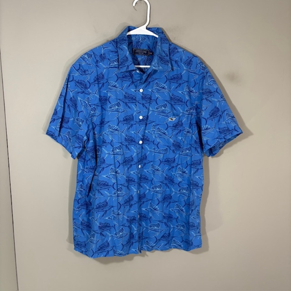 Vineyard Vines Shirt Mens XL Blue Fish Print Short Sleeve Button Up Camp Cotton
